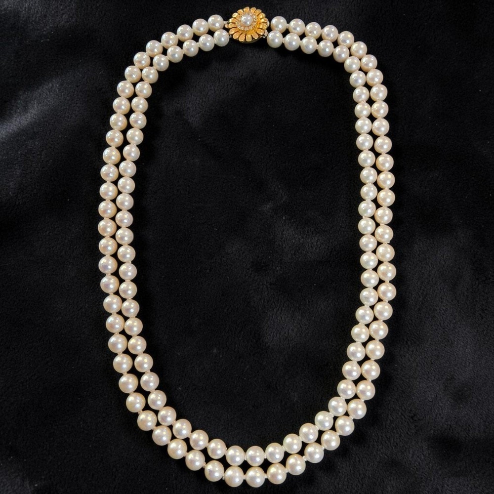 Vintage Double Strand Glass Pearl Floral Rhinestone Clasp Necklace